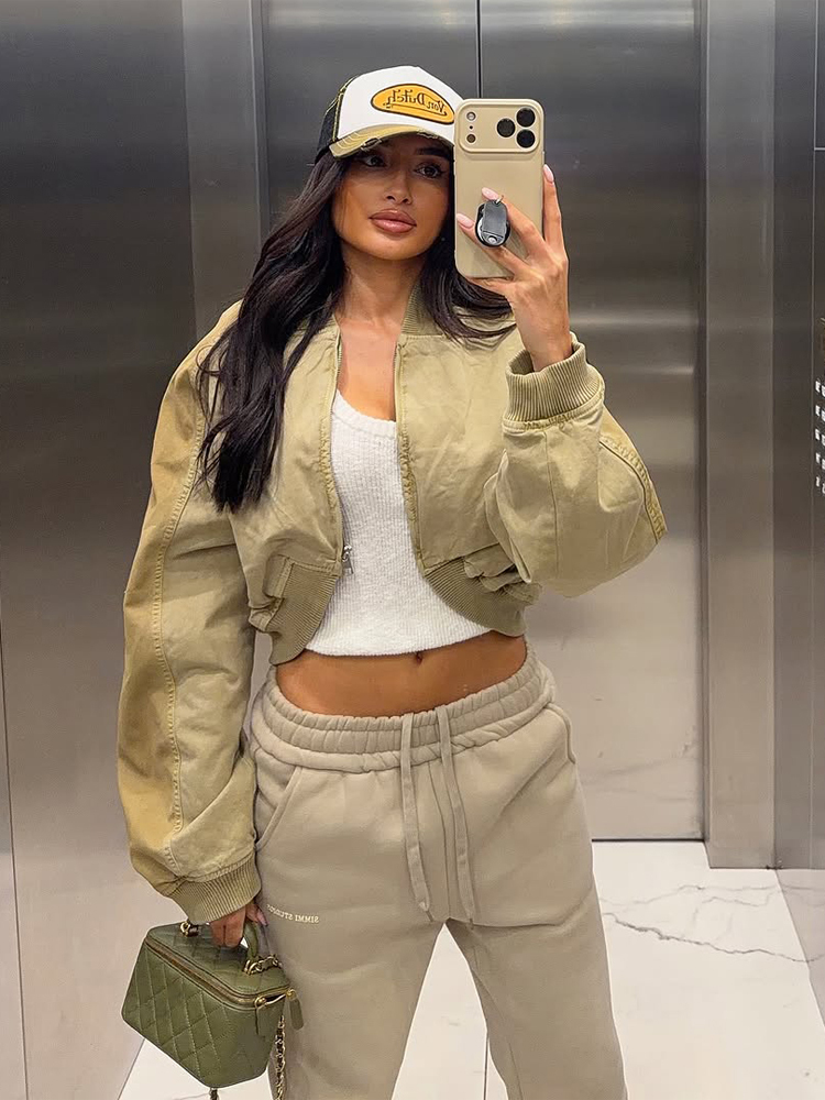 Veste bomber courte kaki pour femme, col à revers, fermeture éclair intégrale, détails poches, manches longues, style streetwear décontracté Y2K