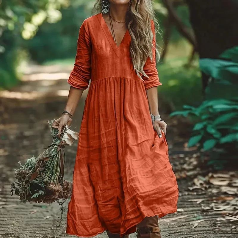 Robes pour femmes 2026 : Nouvelles robes longues plissées en coton et lin, couleur unie, col en V, très populaires – Vêtements féminins