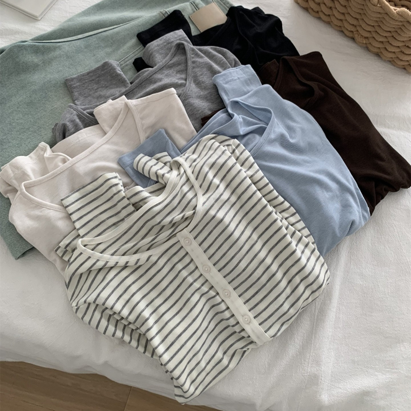 Chemise basique en laine de soie pour femmes, tricot Slim à col rond et boutons, haut à manches longues rayé de couleur unie, automne hiver