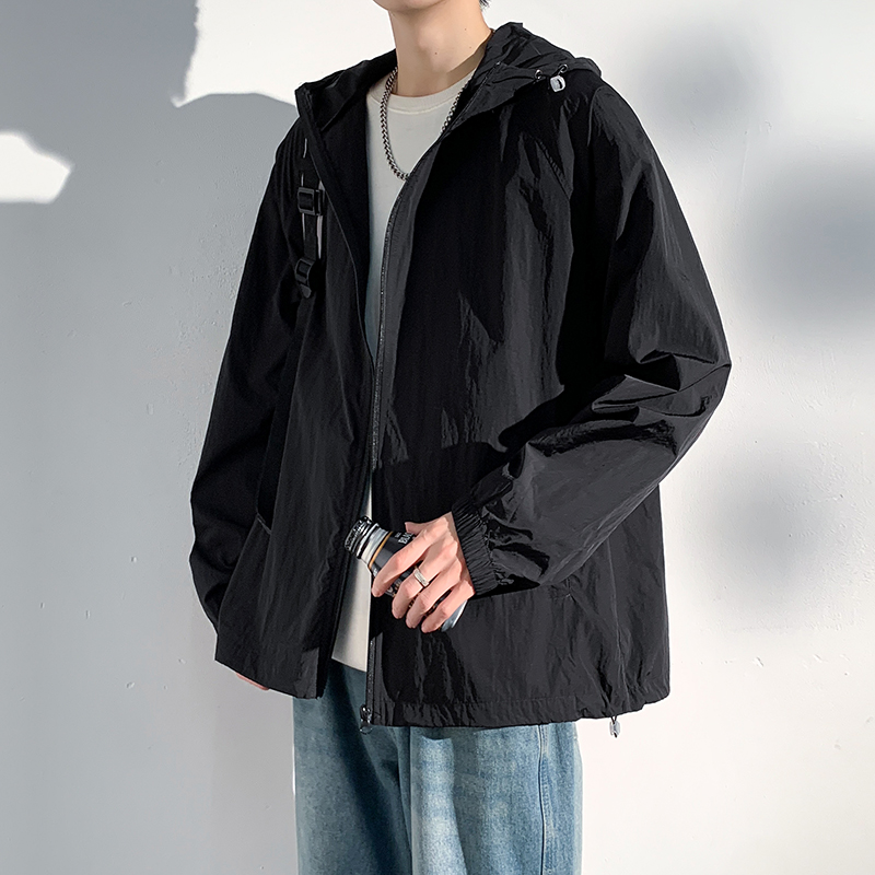 Veste d'été fine à capuche pour hommes, vêtements de Protection solaire imperméables, fermeture éclair complète, peau à séchage rapide, manteau coupe-vent noir