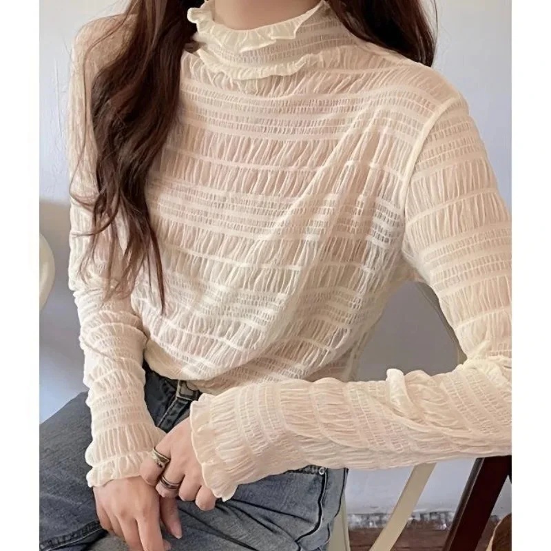 Nouvelle chemise en dentelle florale pour femme, manches longues, sexy, en maille, col montant, pull-over, haut de printemps-automne