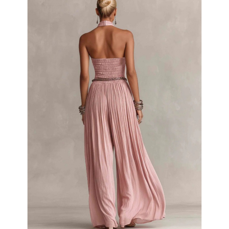 Combinaison ample pour femme style bohème, dos ouvert, smockée, texturée froissée, légère avec poches