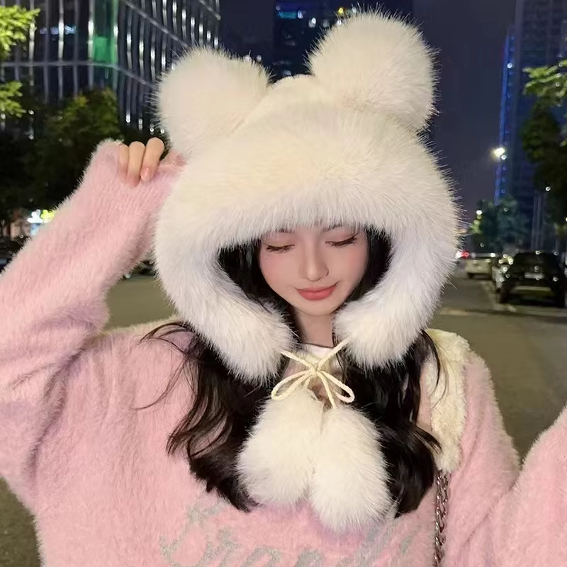Chapeau d'oreille d'ours mignon en peluche pour femmes, Protection d'oreille épaisse et chaude, chapeau de vent et de neige, chapeau en peluche petit ours Lei Feng, nouvelle collection hiver