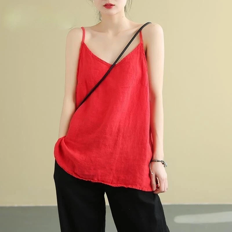 Hauts pour femmes, bretelles Spaghetti, Camis en coton et lin, col en V, Camisole d'été décontractée, sans manches, lin, débardeurs amples, 2025