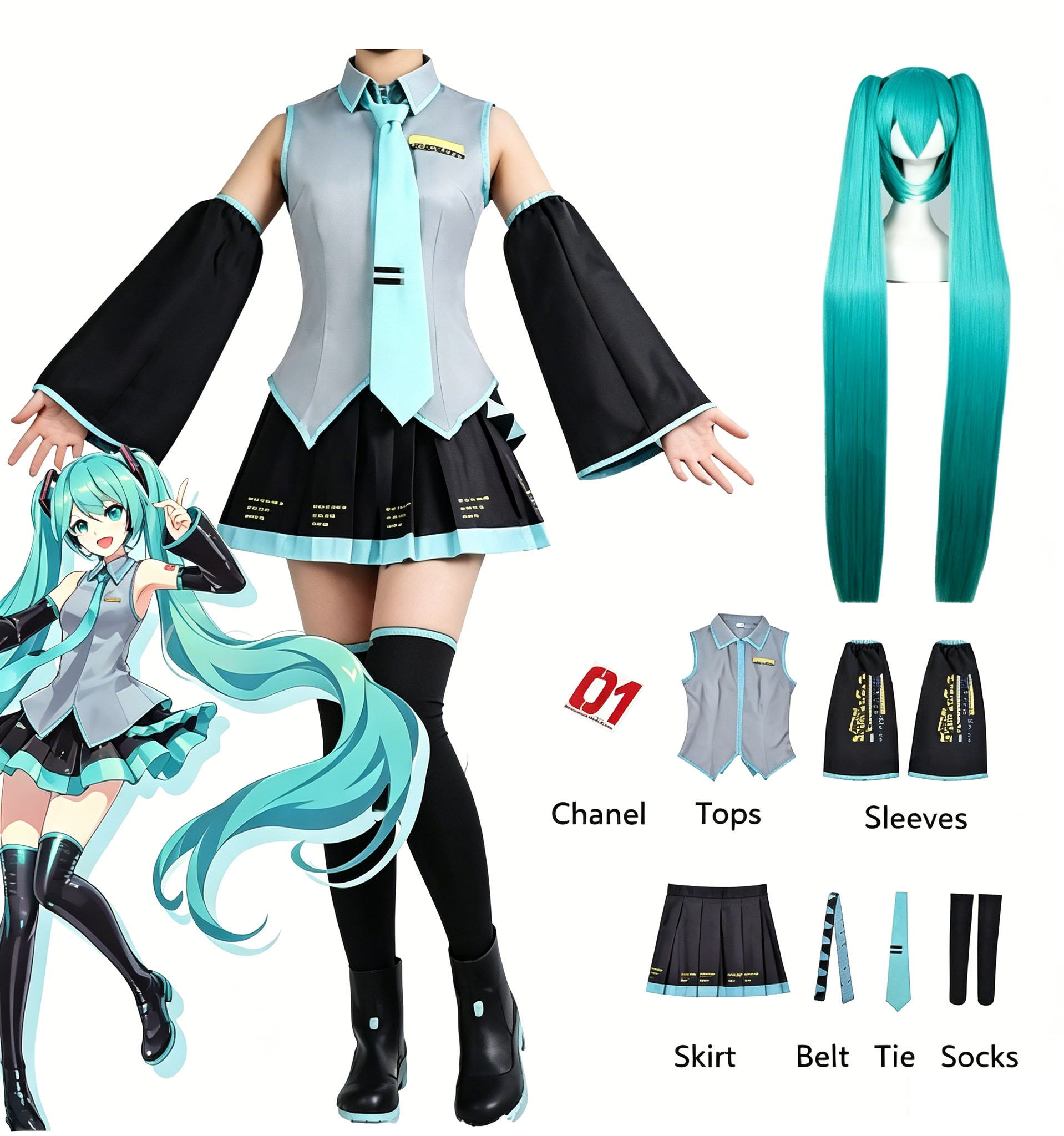 Tenue de cosplay d'idole virtuelle, ensemble jupe et veste JK d'anime, perruque et accessoires pour Halloween, Carnaval et Comic Con