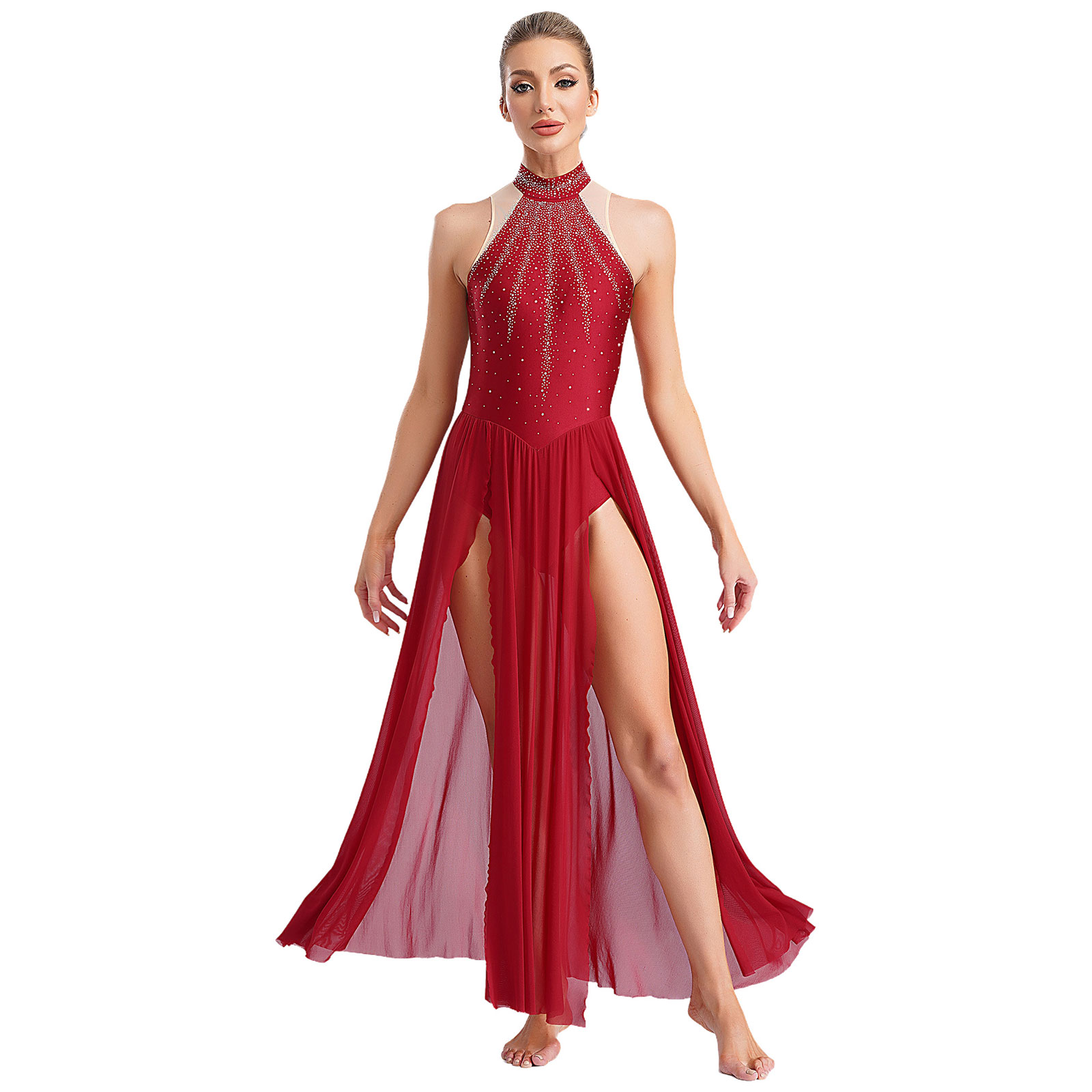 Robe de danse lyrique pour femmes, diamants brillants, col licou, justaucorps de Ballet fendu, jupes Maxi, Costume de salle de bal moderne et contemporain