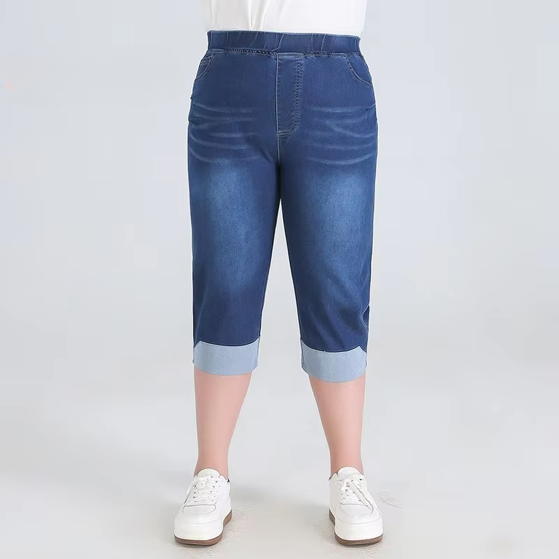 Femmes Denim Shorts 140KG été grande taille recadrée 7XL 8XL 9XL mince coupe élastique étiré surdimensionné mollet longueur femme jean
