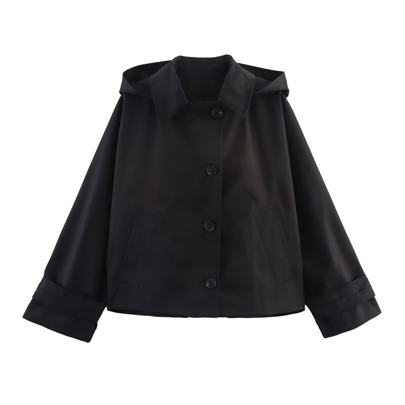 Manteau court à capuche pour femme en vert olive, marron et noir, double boutonnage avec détails de poches, veste décontractée