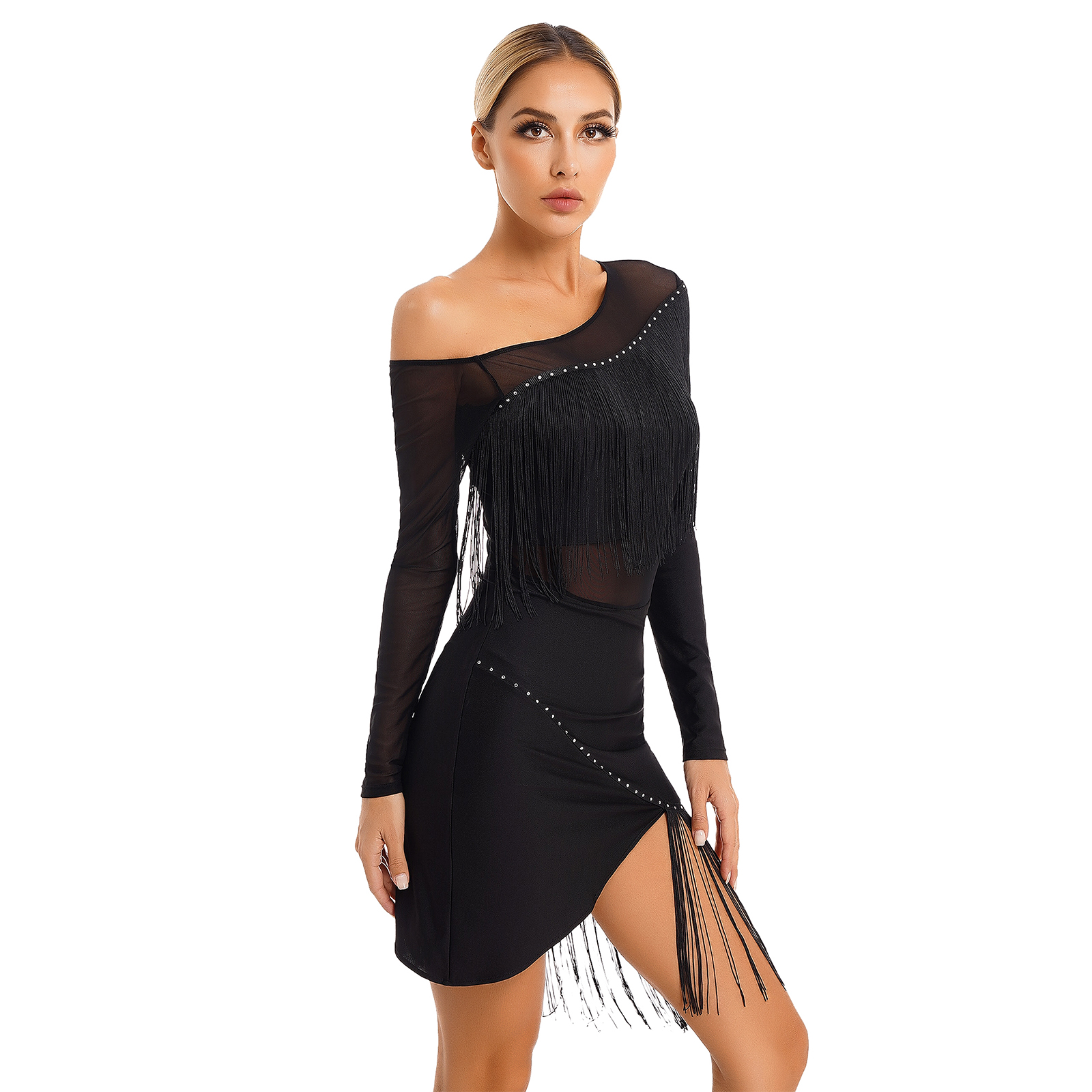 Robe de danse latine pour femmes, épaules obliques, franges, ourlet irrégulier, robes de salle de bal, Tango ChaCha Rumba Samba, Costumes de compétition