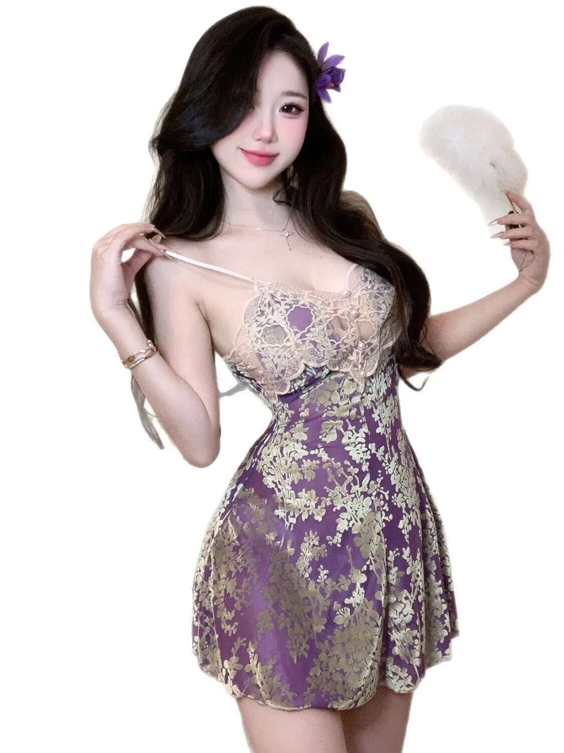 Chemise de nuit Camisole de luxe pour femmes, Style fleur, coussin de poitrine français, pur désir, dentelle, pyjama Sexy, robe élégante, ERQ8