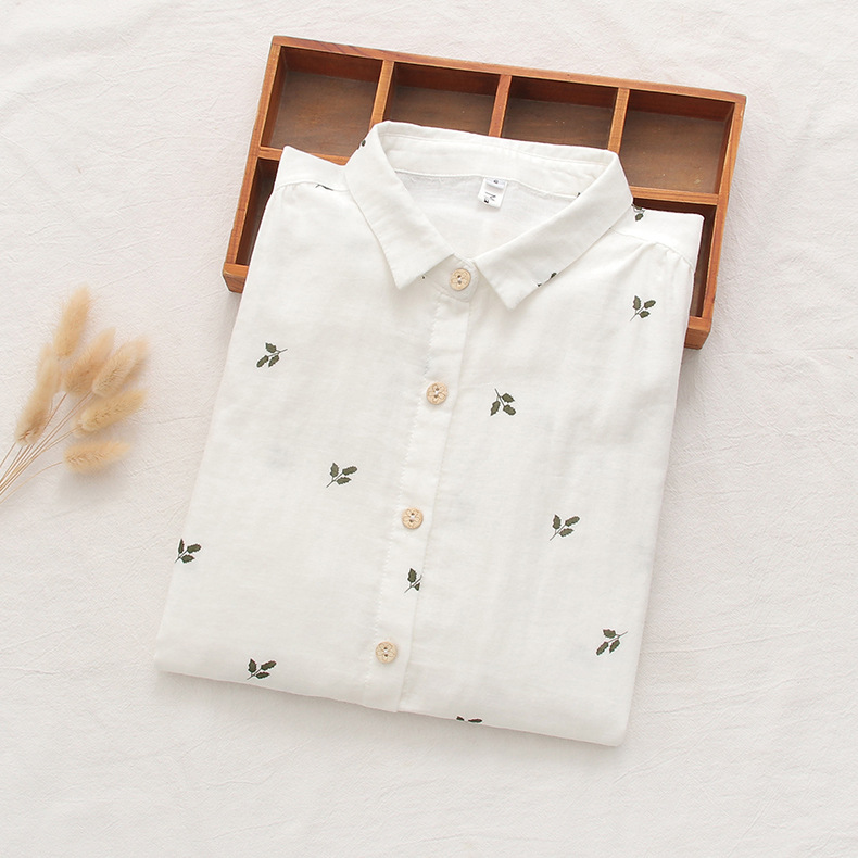Chemises à manches longues brodées en coton pour femmes, blanc et bleu, nouvelle collection printemps 2026, chemisiers et hauts décontractés amples pour femmes, vêtements féminins raffinés