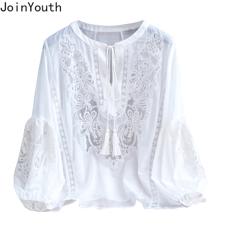 Blusas Mujer De Moda 2025 été Blouses élégantes vêtements pour femmes broderie lanterne manches chemises ample dentelle hauts blancs Femme