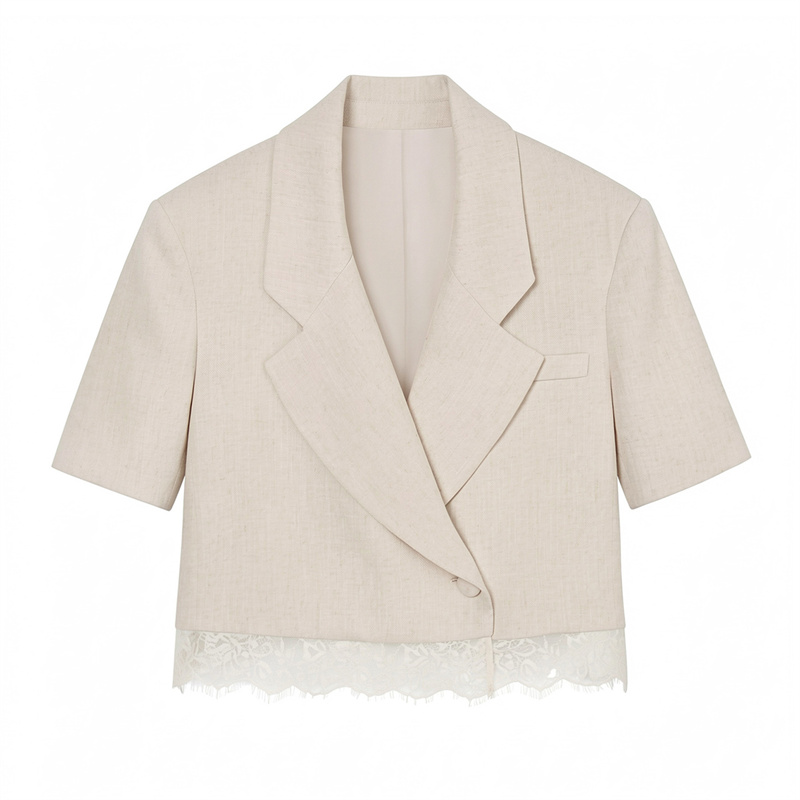Blazer court blanc pour femme, nouvelle collection été 2026, à manches courtes, orné de dentelle, sexy, tendance et polyvalent