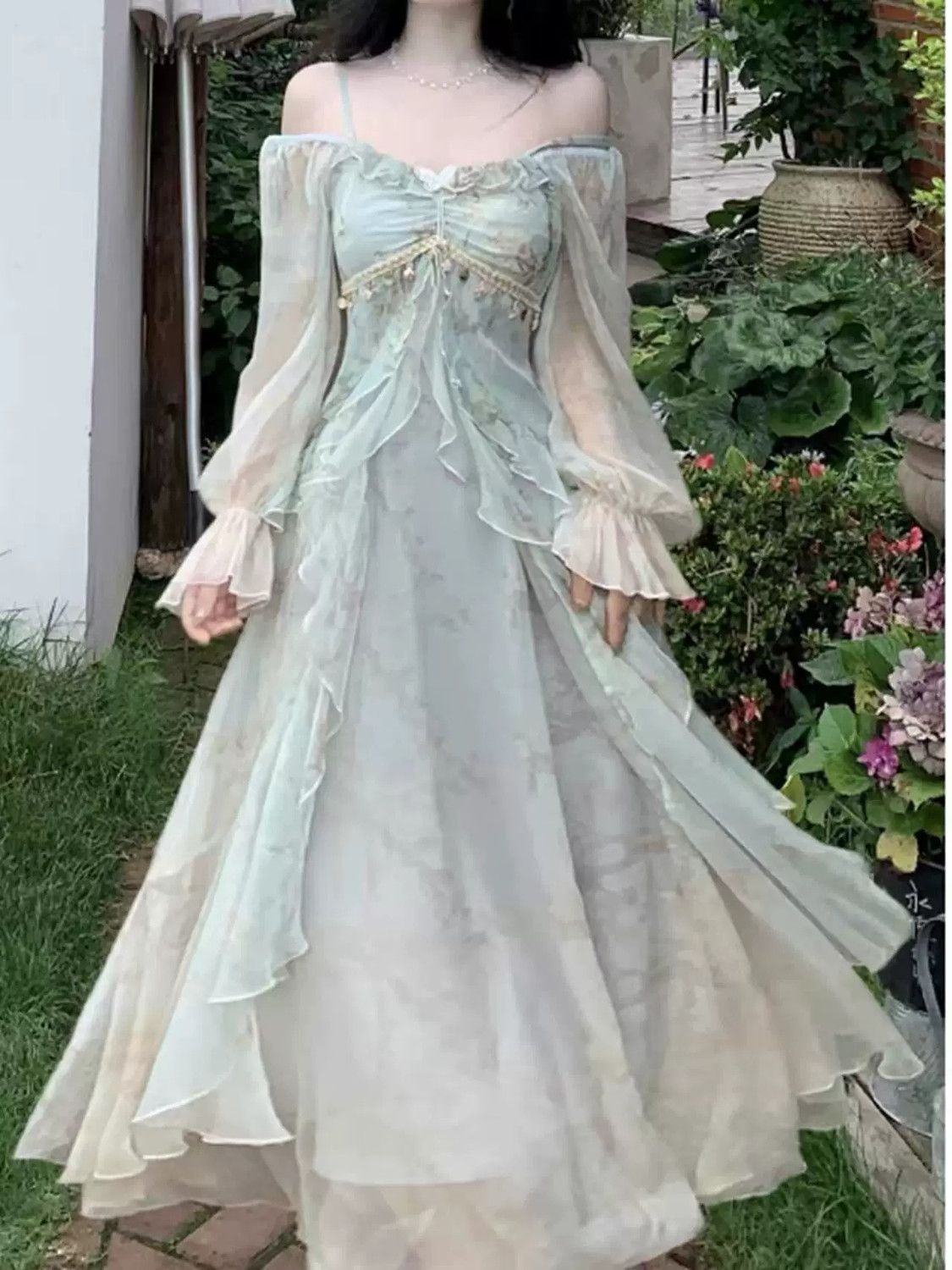 Robe longue de princesse française printemps-été pour femme, coupe ajustée, manches évasées, imprimée, pour soirée, décontractée, à volants, pour vacances en bord de mer, style féerique