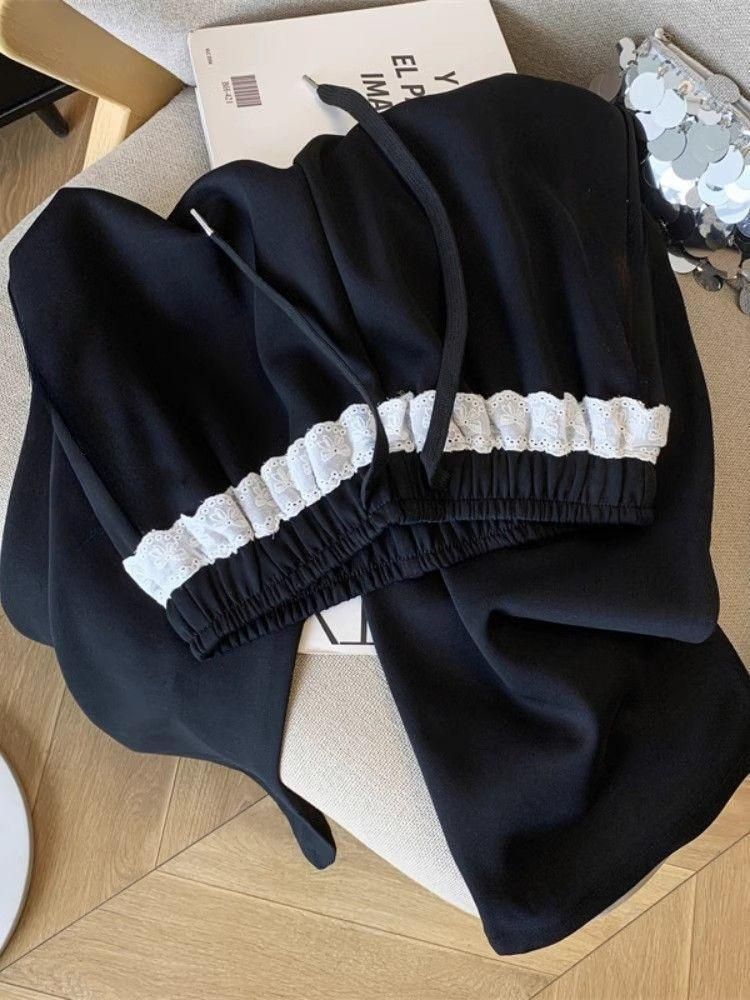 Mode coréenne solide pantalon femme gris dentelle Patchwork pantalons de survêtement femmes taille haute décontractée pantalon ample élégant pantalon à jambes larges