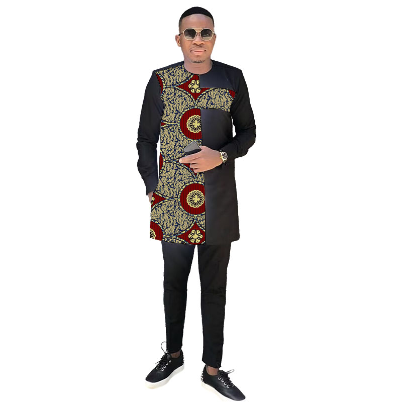 Ensemble noir de Couture africaine pour hommes, hauts en Patchwork avec pantalon, mode nigériane, Design Original, vêtements de fête, costume de marié
