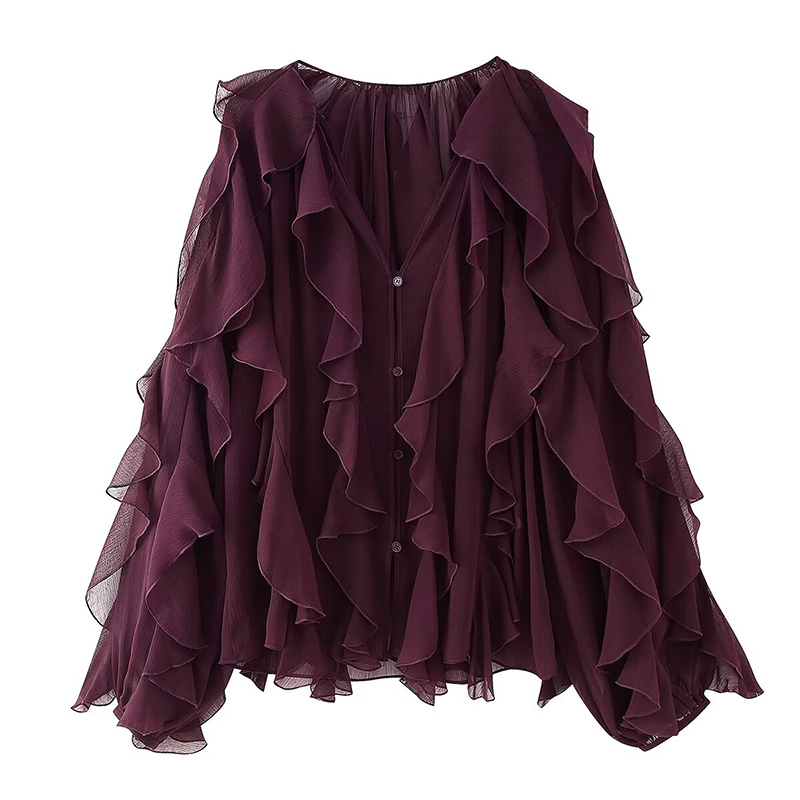 Printemps 2025 femmes sexe Semi-transparent à manches longues col en V à volants Blouse chemise bouton avant haut