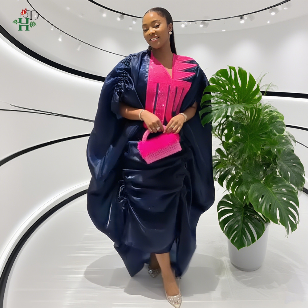 H & D femmes africaines grande taille vêtements nouveauté col en v manches chauve-souris brodé froncé Robe irrégulière Robe de mariée Robe Bubu