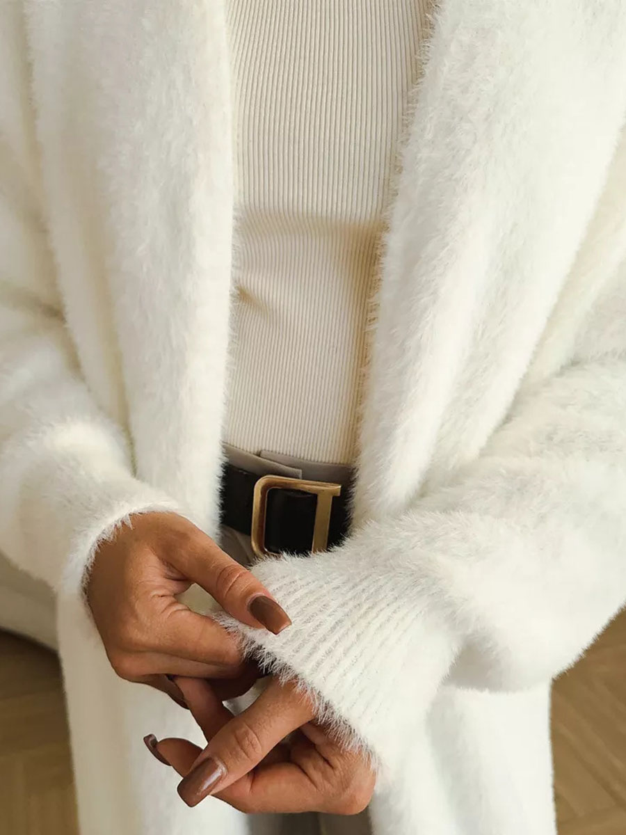 Cardigan Long blanc pour femmes, vêtements d'hiver tricotés, moelleux, manches longues, pull en cachemire, manteau, style clotkoréen, chaud, vintage