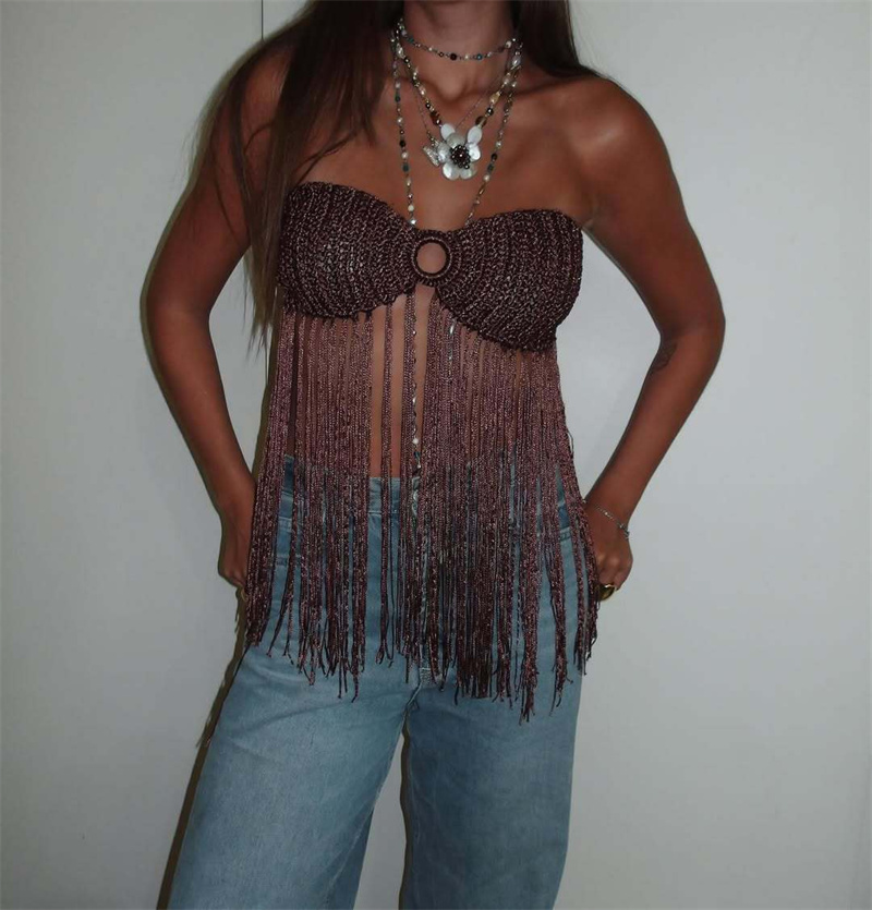 Haut de bikini bohème pour femme, style plage, avec franges, sexy, dos nu, à nouer, à pampilles, en tricot, camisole, cache-maillot de bain en crochet, tenue de plage