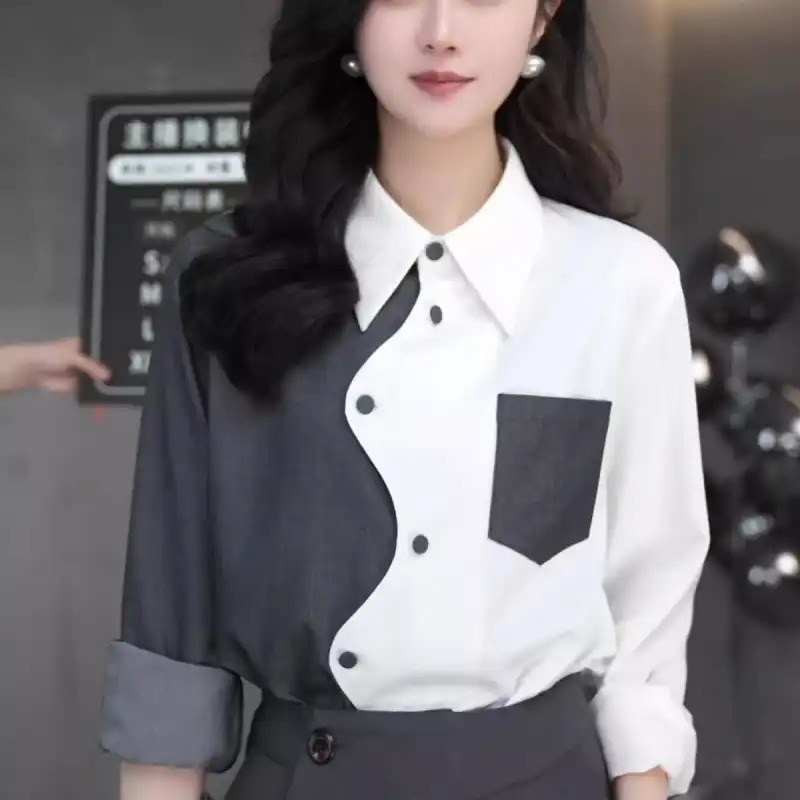 Chemise d'épissure de couleur contrastée irrégulière pour femmes, nouveau Style de printemps, mode coréenne, Style étranger, tempérament polyvalent