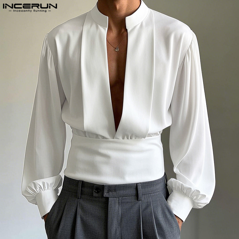 Chemises INCERUN pour hommes – Hauts unis à col en V, style vintage, vêtements de fête, streetwear, chemisiers oversize pour l'été et le printemps