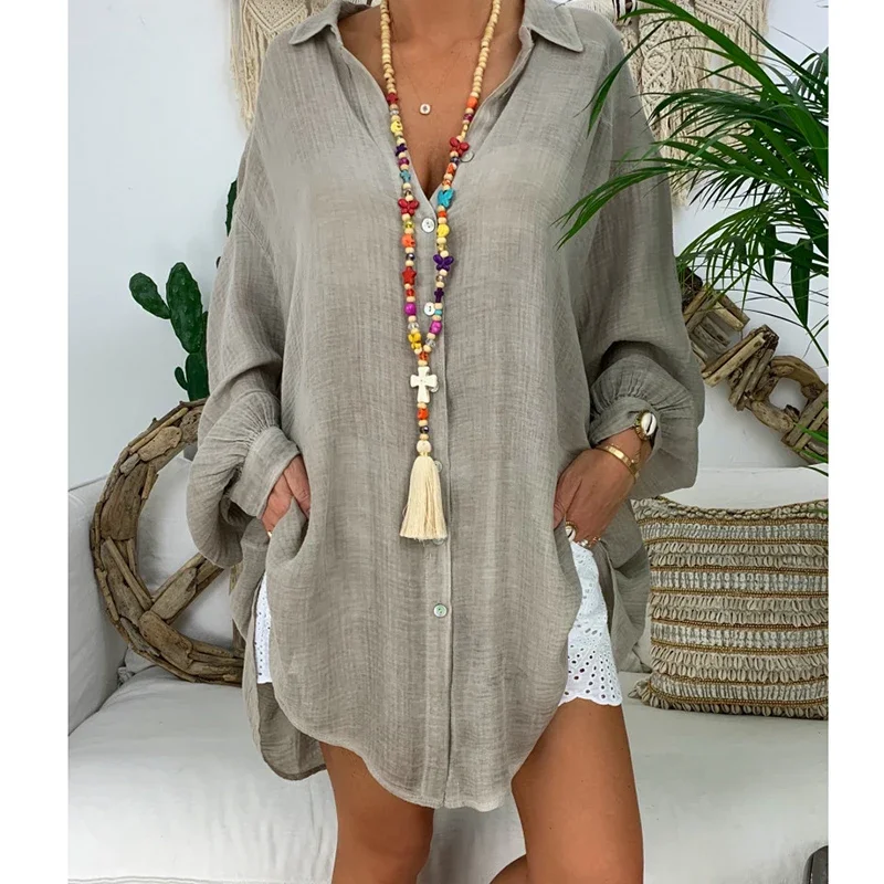 Chemise en lin à manches longues chemise boutonnée blanche chemisier en coton décontracté ample hauts pour femmes Blouses chemises T-Shirts sur mesure