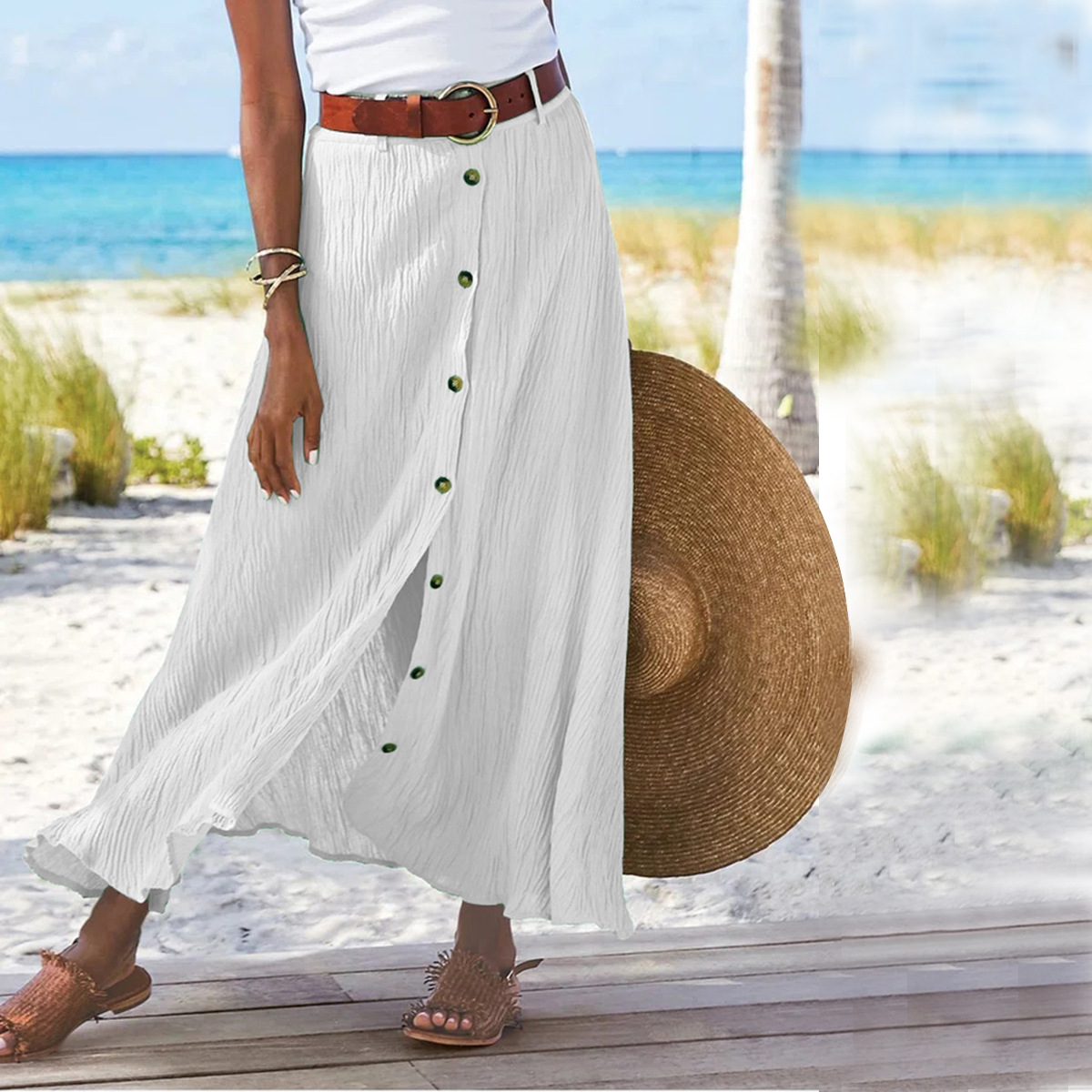 Jupe d'été en coton et lin pour femmes, fendue à boutons importants, imprimé floral, mode polyvalente, vacances, plage, jupe mi-longue