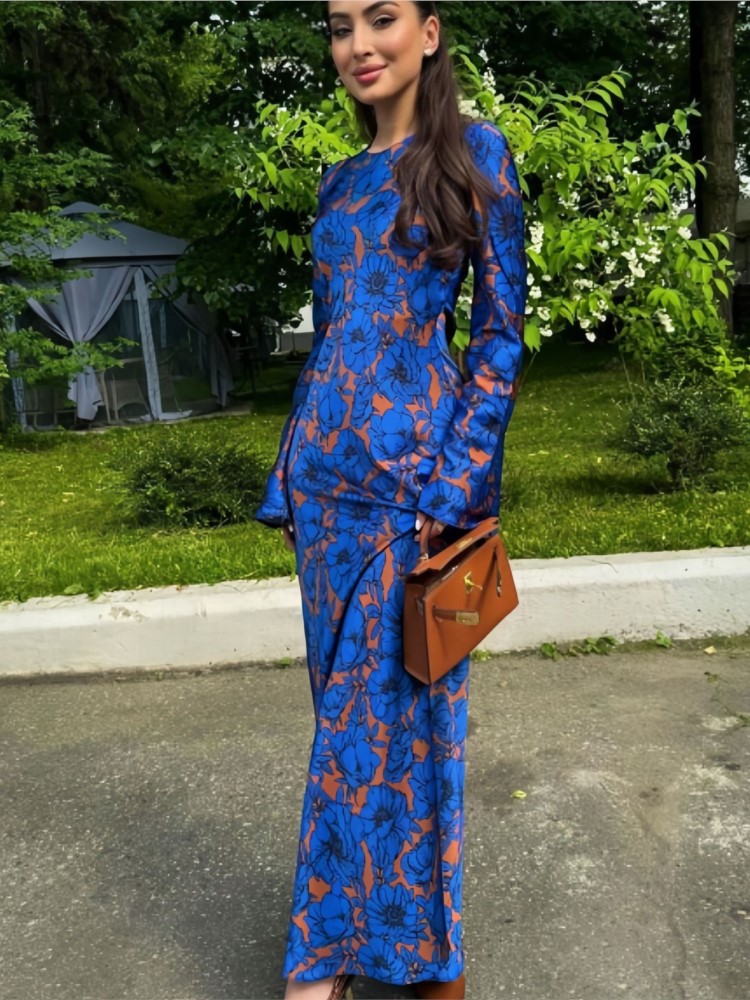 À la mode Vintage imprimé à manches longues col rond robe femmes nouveau 2025 atmosphère élégante robes longues décontracté robes Para Mujer