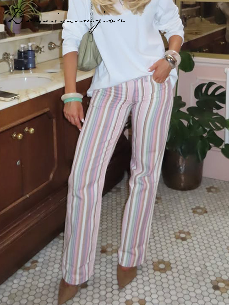 Jean femme taille basse coupe droite jambe large à rayures arc-en-ciel color block avec fermetures éclair, Nouveauté 2026, style décontracté streetwear pour les vacances