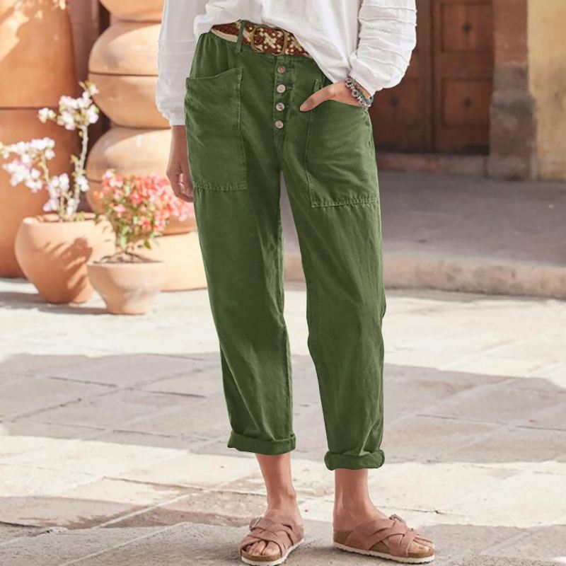 Nouveau pantalon capri décontracté pour femme 2025 – Coton et lin boutonnés, coupe ample
