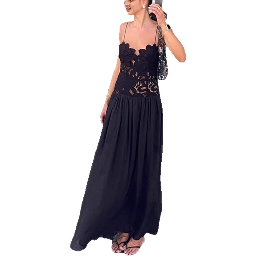 Robe femme brodée fleur Patchwork voir à travers dentelle Spaghetti sangle robes mode Sexy fête longue robes femme