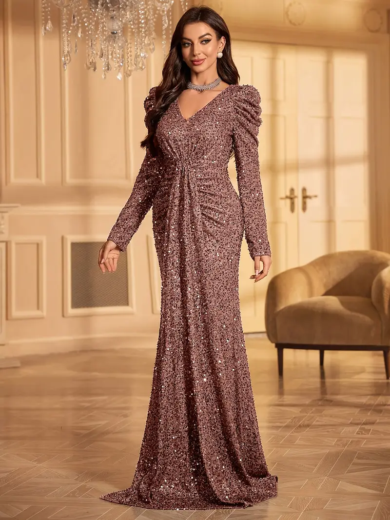 Robe de soirée élégante à manches longues et col en V pour femme – Parfaite pour les mariages, les anniversaires et les fêtes