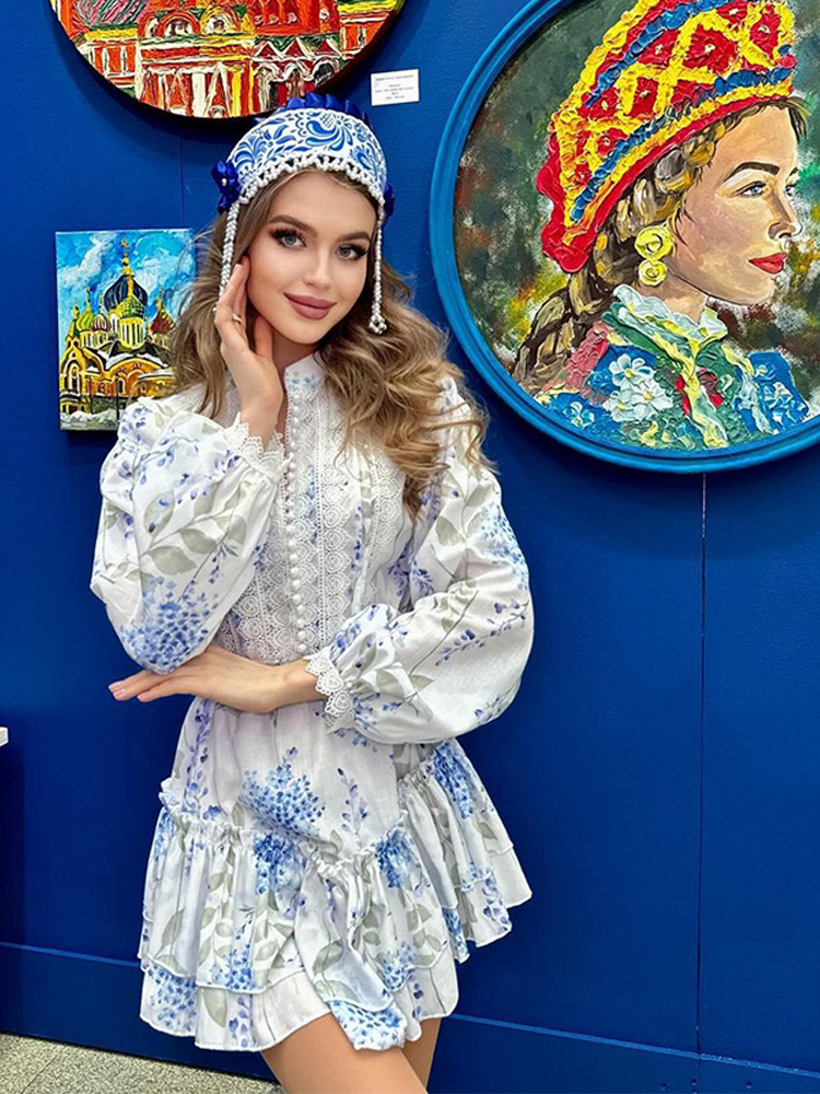 Mini robe imprimée décontractée pour femmes, ample, col rond, manches longues, ceinture, dentelle, mode d'été 2021, Chic, à volants