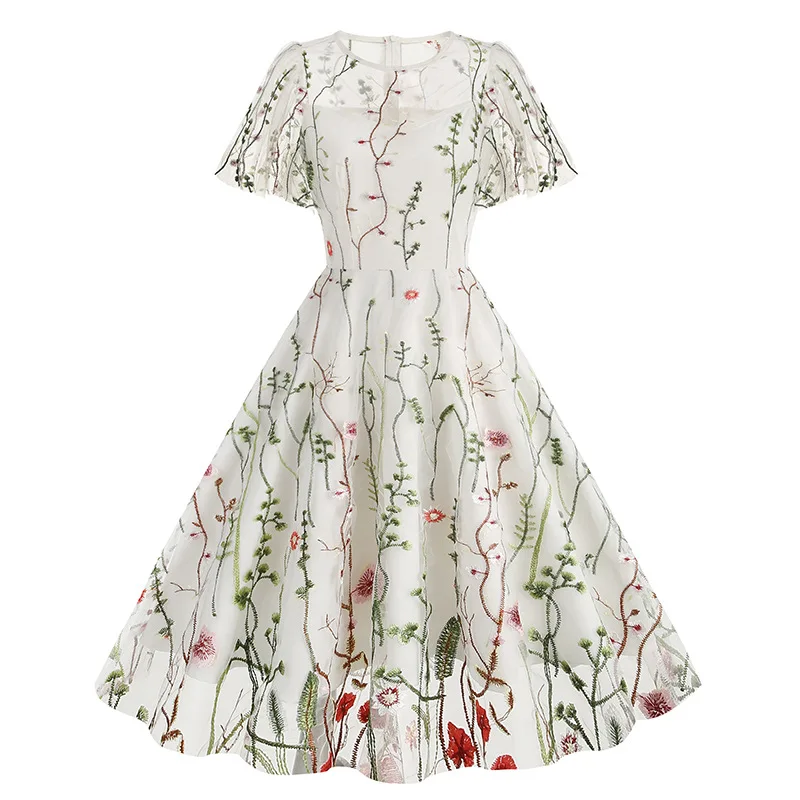 Soirée élégante robe rétro de luxe 2025 femmes été col rond maille florale brodée années 60 70 Vintage robes mi-longues robes