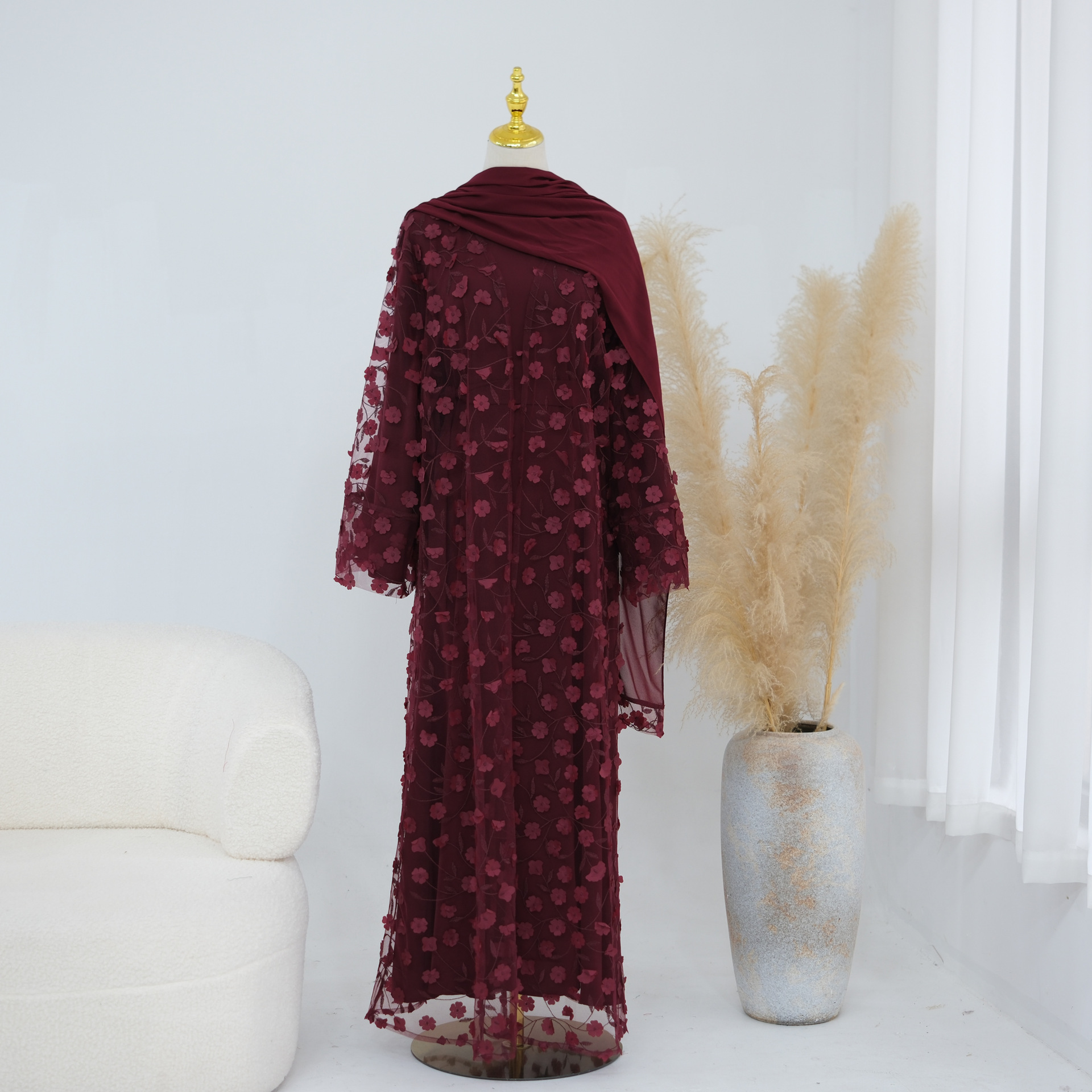 Ensemble Abaya de Luxe Brodé 3 Pièces pour Femmes Musulmanes, Style Dubaï, Cardigan Ouvert Modeste pour l'Aïd, Jalabiya Islamique pour les Fêtes 2026