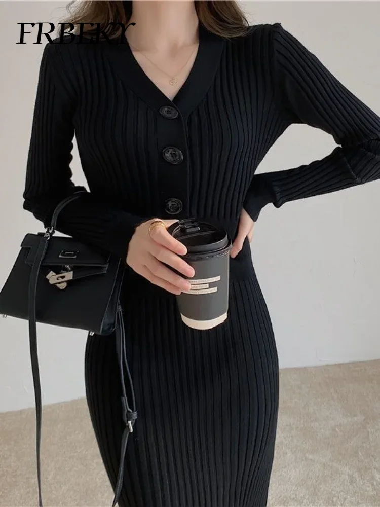 Robe pull à col en V taille élastique GT, tricots à fond de hanche, robes longues élégantes, mode mince, tambour coréen, automne