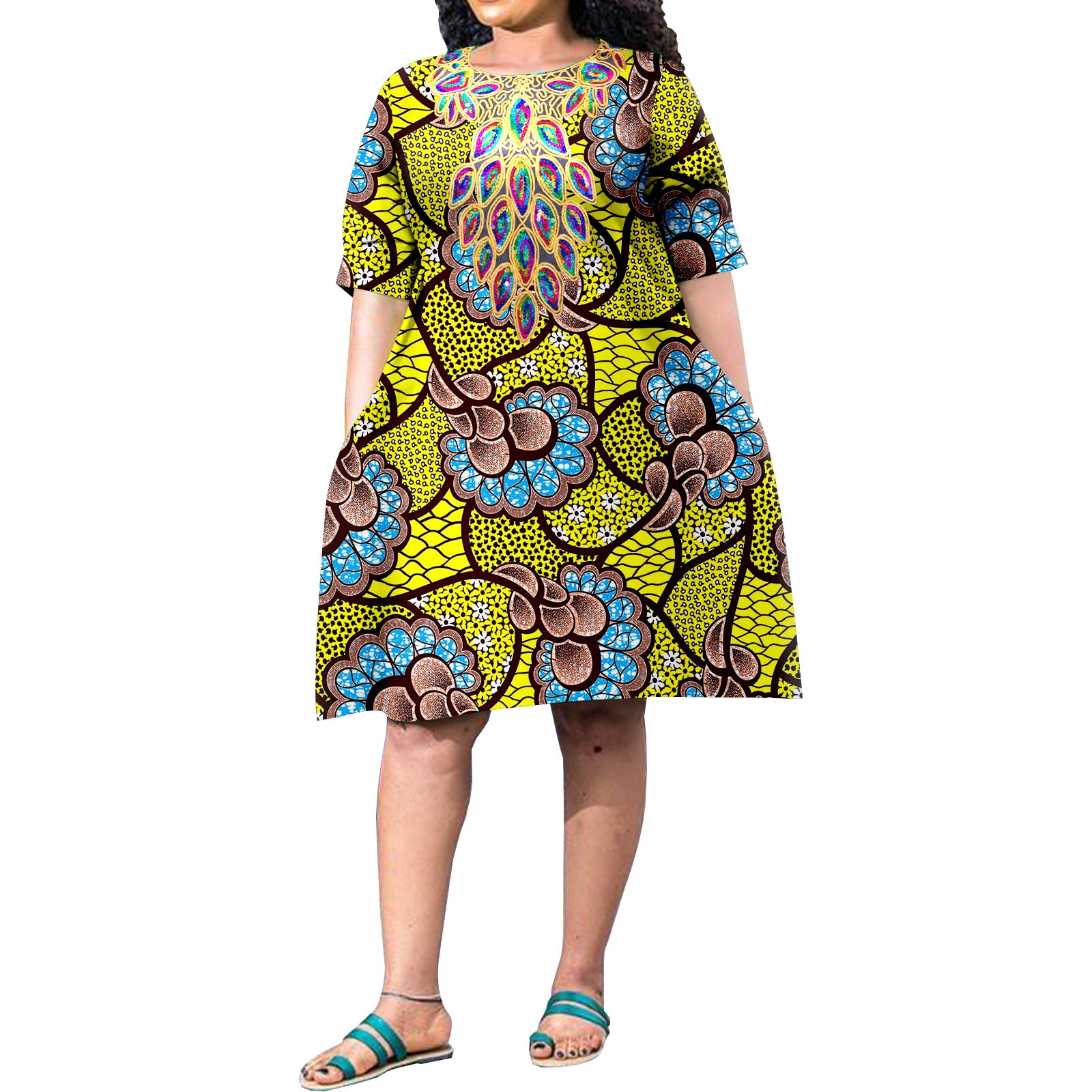 Robe africaine grande taille pour femmes, estampage coloré avec accessoires, décontractée, manches courtes, tissu imprimé de voyage, robe au genou A2225153