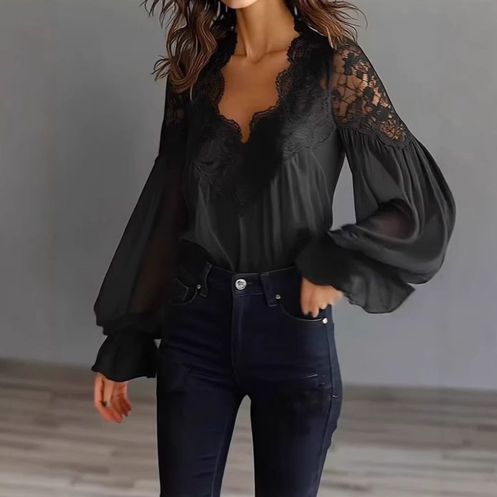 Chemise d'été pour femmes, couleur unie, manches longues, dentelle, chemise élégante décontractée à col en V