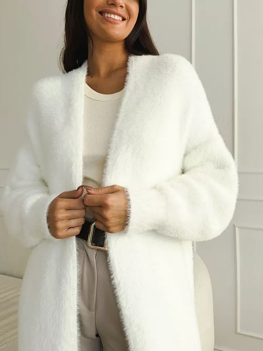 Cardigan Long blanc pour femmes, vêtements d'hiver tricotés, moelleux, manches longues, pull en cachemire, manteau, style clotkoréen, chaud, vintage