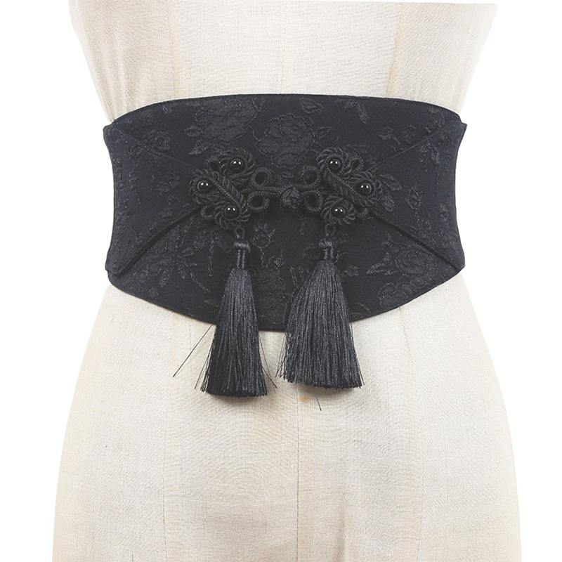 1pc femmes mode Vintage noir élastique gland Cummerbunds femme robe Corsets ceinture ceintures décoration large ceinture