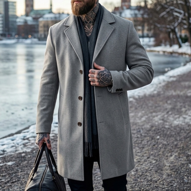 Nouveau manteau long en tissu mélangé pour homme - Fermeture à un seul bouton |   Veste de costume style business-casual et streetwear pour homme, hiver