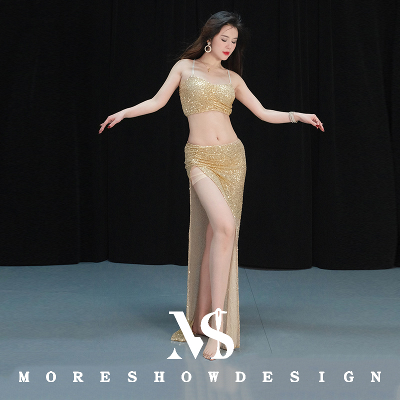 Ensemble de Costumes de danse du ventre pour femmes, vêtements de danse avec ruban de feuille de Lotus, haut + jupe, tenues à manches longues, vêtements de spectacle sur scène