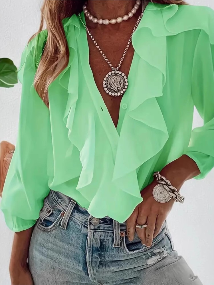 Chemise femme col en v à manches longues haut volant printemps été mode élégant solide bureau vacances chemises décontractées vêtements pour femmes