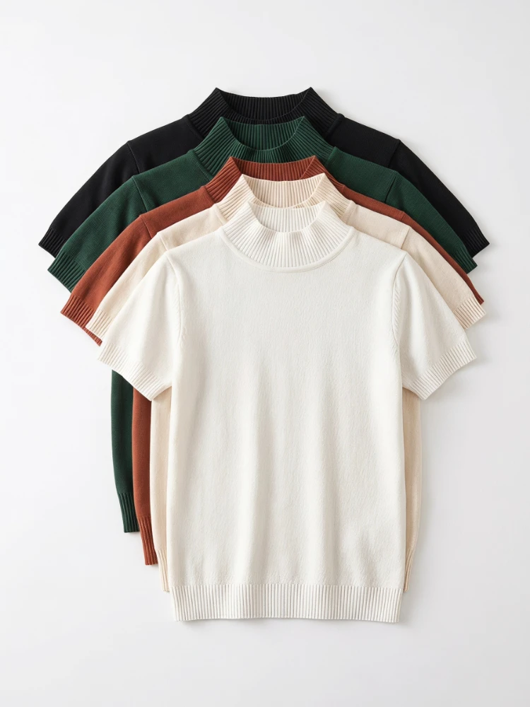 T-shirts élégants coréens à col roulé pour femme, collection été-automne 2026 – Pulls décontractés et polyvalents de couleur unie, tendance