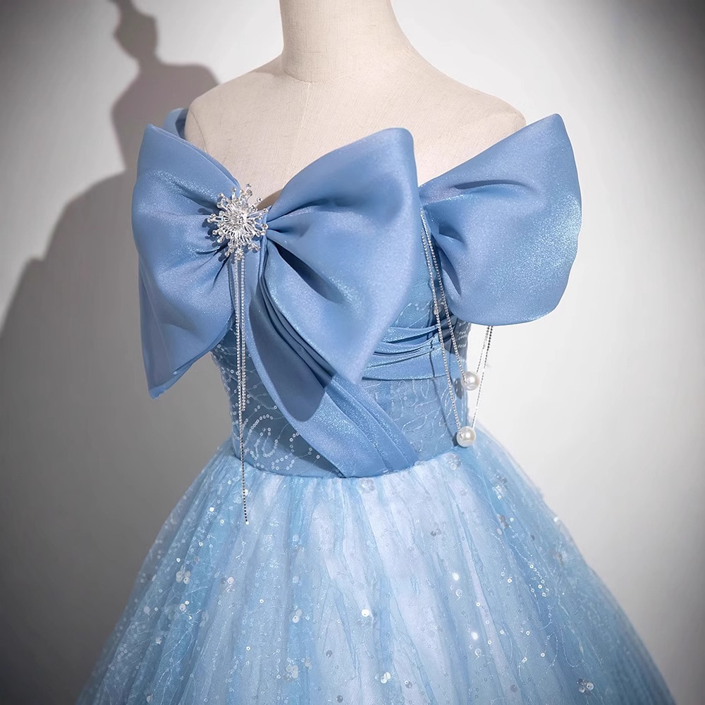 Robe de soirée élégante en Tulle bleu pour femmes, asymétrique épaule dénudée, robe de mariée élégante pour cérémonie de recital de Piano