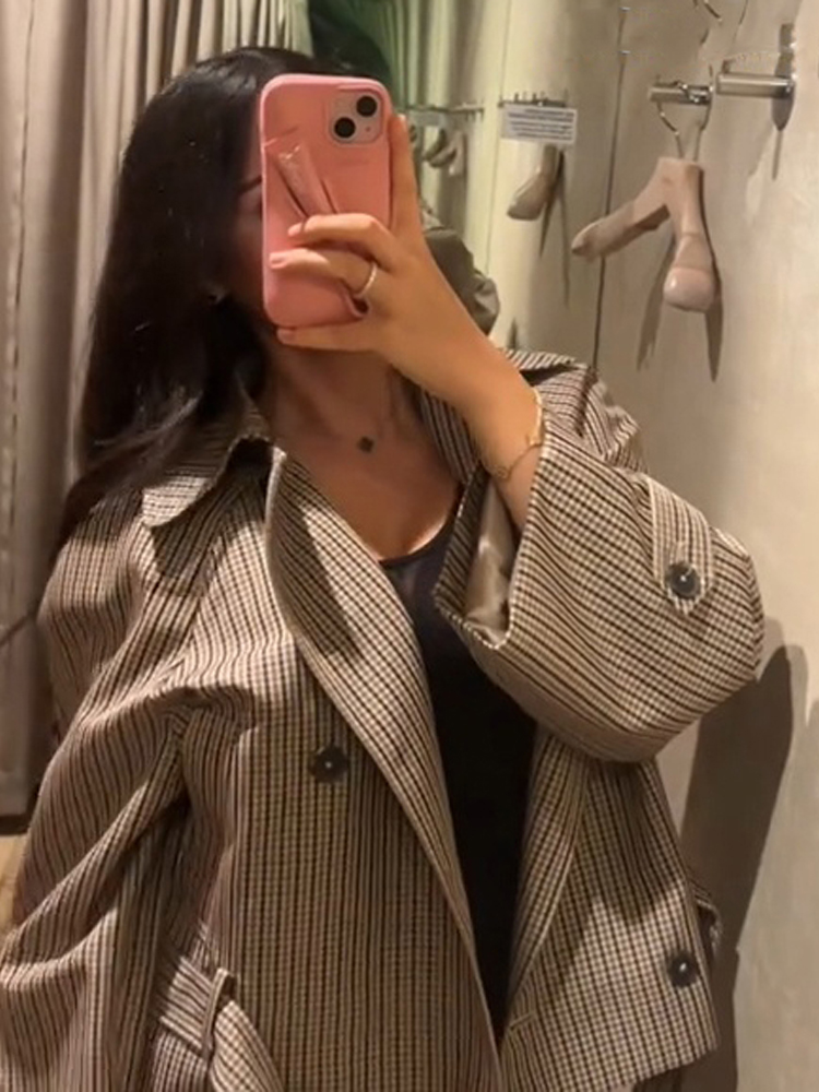 Manteau trench court à carreaux à manches longues pour femme, veste courte à carreaux ample avec revers, double boutonnage et ceinture à la taille, manteaux d'automne pour femme