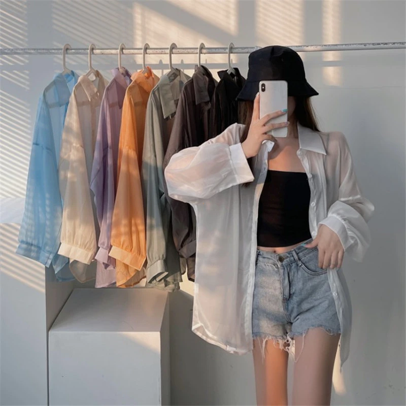 Femmes chemise à manches longues haut chemisier femme en mousseline de soie lâche été Cardigan mince Sexy couleur unie chemise décontractée vêtements d'extérieur loriзрач coi
