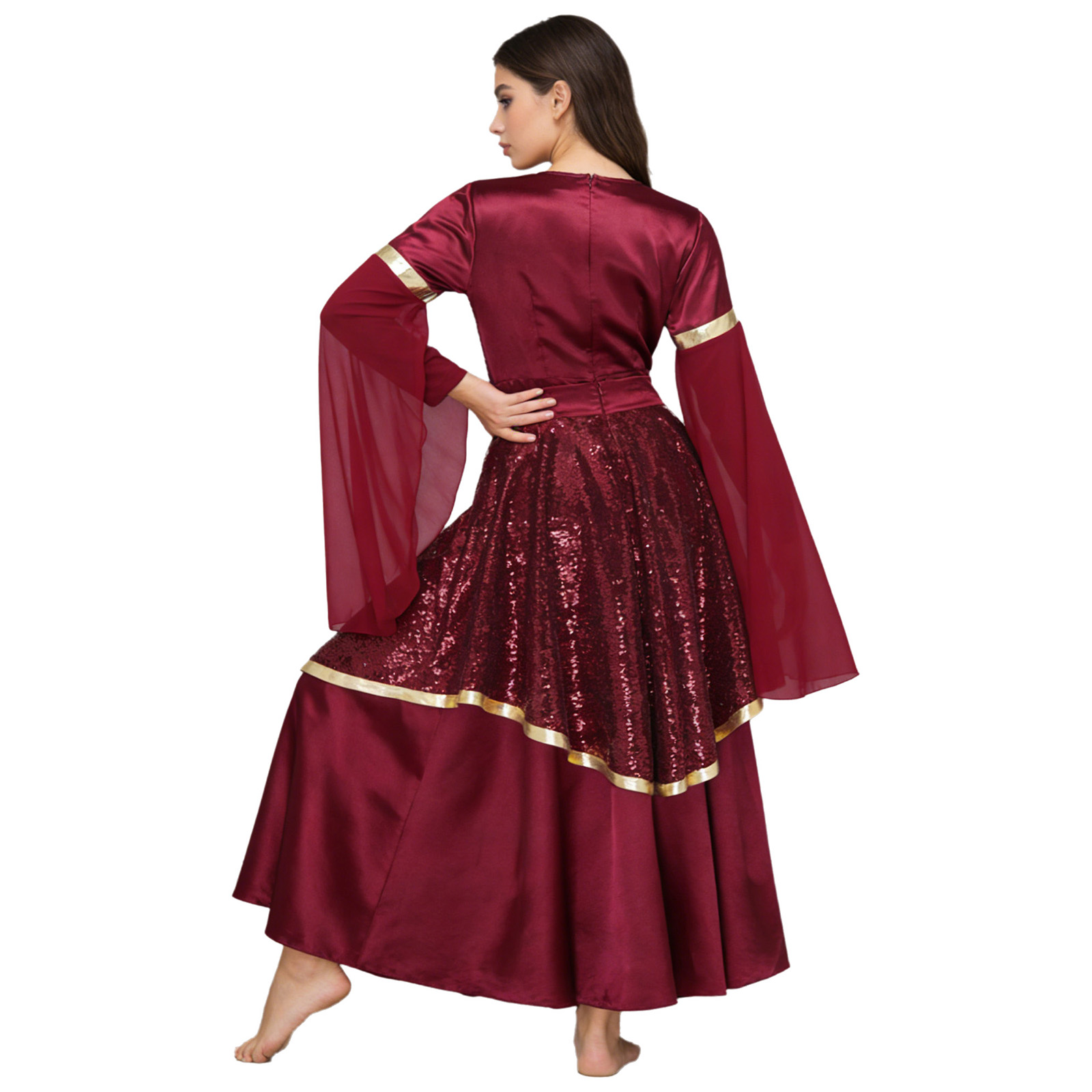 Costume de danse liturgique pour femmes, 2 pièces : robe tunique à manches longues évasées et jupe à paillettes pour la prière et la danse en église