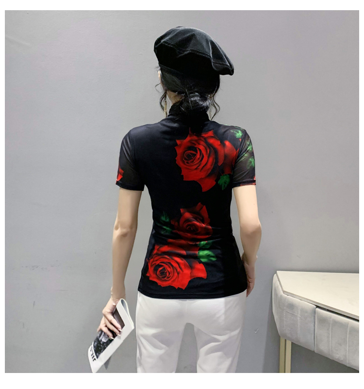 Taille S-3XL impression fixe maille t-shirts femmes col roulé mince à manches courtes t-shirts dame élégant extensible gaine florale haut T-Shirt